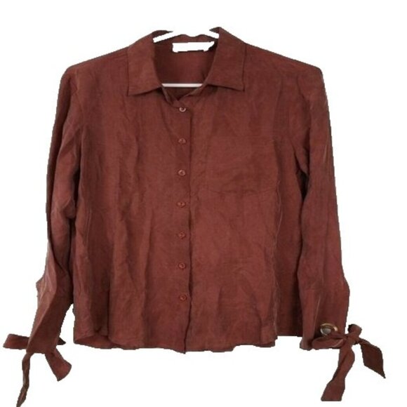 Line & Dot Woment Top Small Brown Button Up Long Sleeve Minimalist Shirt - Picture 1 of 8